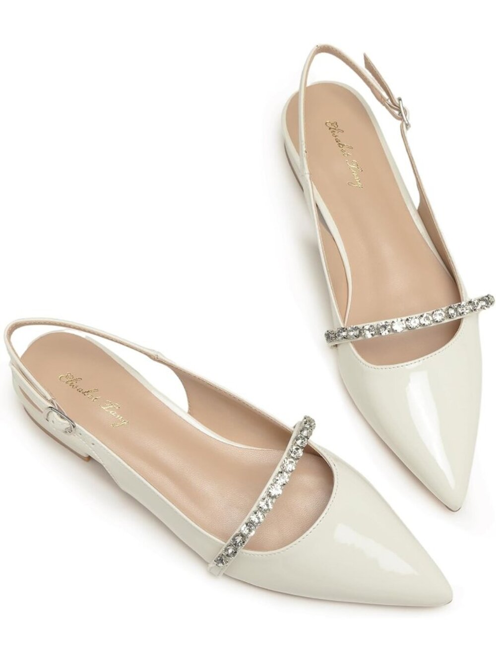 Women's White Patent Leather Slingback Flats Rhinestone Closed Pointed Toe Shoes